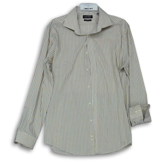 Mens Beige Striped Slim Fit Performance Stretch Button-Up Shirt Size Large image number 1