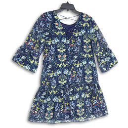 NWT Womens Blue Floral Bell Sleeve Round Neck A-Line Dress Size Small alternative image