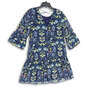 NWT Womens Blue Floral Bell Sleeve Round Neck A-Line Dress Size Small image number 2