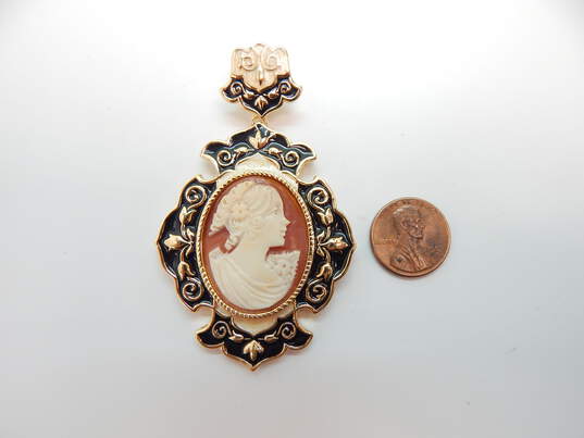 Amedeo Gold Tone Enamel Carved Shell Cameo Pendant 29.1g image number 2