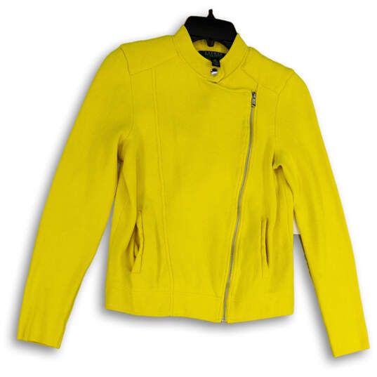 Womens Yellow Knitted Long Sleeve Pockets Full-Zip Motorcycle Jacket Sz SP image number 1