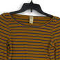 Womens Gold Blue Striped Bell Sleeve Hippie Pullover Blouse Top Size Small image number 2