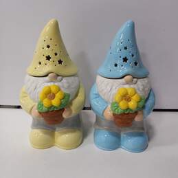 Pair Of Mr. Christmas Gnome Illuminated Lid Yellow And Blue Cookie Jars
