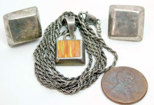 Taxco Mexico Montero & Artisan 925 & 950 Silver Orange Faux Opal Pendant Necklace & Modernist Square Post Earrings 14g image number 6