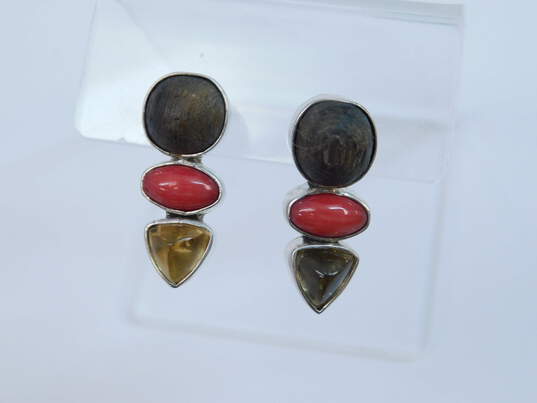 Artisan 925 Citrine Coral & Wood Cabochons Drop Post Earrings 9.2g image number 5