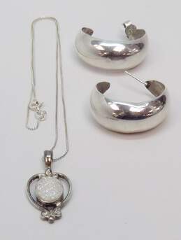 Artisan Sajen Sterling Silver Druzy Pendant Necklace & Hoop Earrings 11.5g