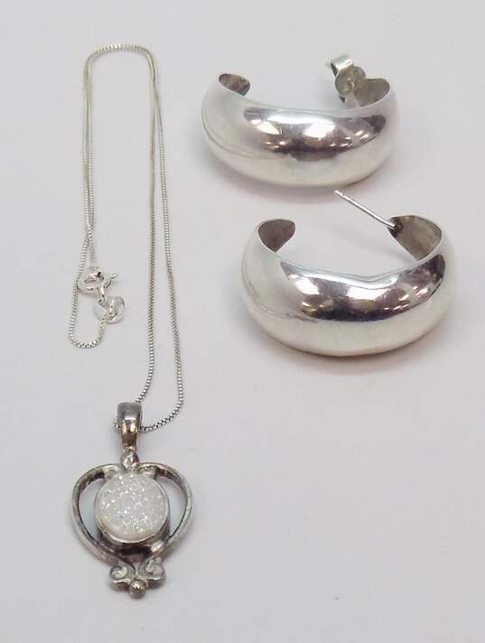 Artisan Sajen Sterling Silver Druzy Pendant Necklace & Hoop Earrings 11.5g image number 1