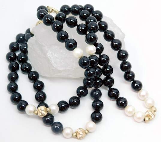 VTG 14K Yellow Gold Clasp & Ball Black Glass & Pearls Beaded Necklace 57.9g image number 3