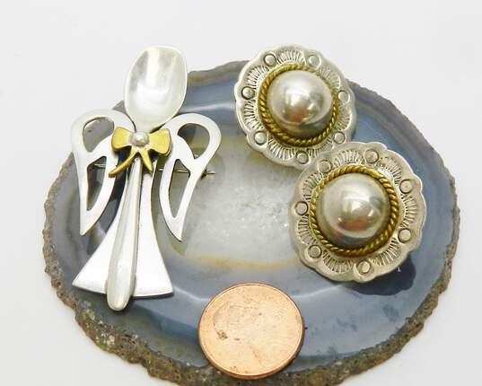 Mexico & Artisan 925 & Brass Accented Rope Dome Stamped Post Earrings & Angel Spoon Pendant Brooch 24.3g image number 4