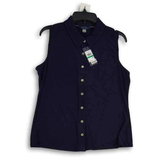 NWT Womens Navy Blue Sleeveless Collared Button Front Blouse Top Size L image number 1