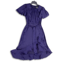 Womens Purple Short Sleeve Back Zip Ruffle Knee Length A-Line Dress Sz 10P