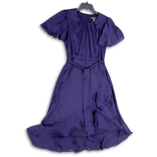 Womens Purple Short Sleeve Back Zip Ruffle Knee Length A-Line Dress Sz 10P image number 1