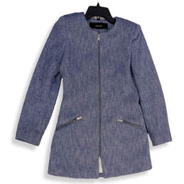 Womens Blue Long Sleeve Collarless Full-Zip Jacket Size X-Small