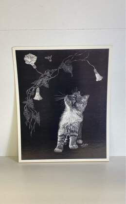 Black and white sketch of Kitten and Flowers 1980's Print by H. W. Hoag