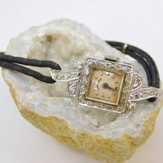 Ladies Vintage Hamilton 14K White Gold 0.44 CTTW Diamond Case GF Band 22 Jewels Wrist Watch 11.5g image number 1