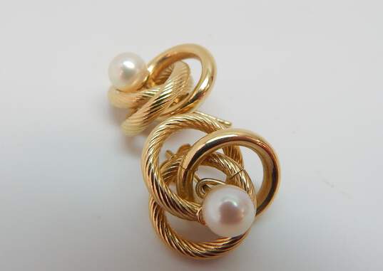 14K Gold White Pearl Post Earrings & Rope & Smooth Interlocking Circles Enhancer Jackets 2.9g image number 4