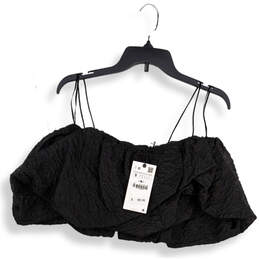 NWT Womens Black Spaghetti Strap Textured Cropped Blouse Top Size S