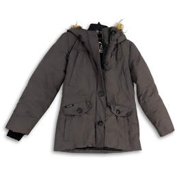 Womens Gray Long Sleeve Pockets Full-Zip Faux Fur Hooded Parka Coat Size S