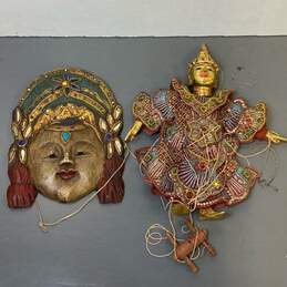 Lot of 2 Vintage Thai Marionette and Hanging Mask Wall Art Sculpture