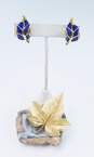 Vintage Crown Trifari Blue Enamel & Gold Tone Brushed Leaf Brooch & Clip On Earrings 33.6g image number 1