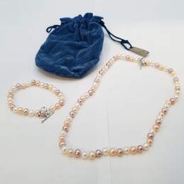 Sterling Silver F.W. Pearl  Knotted 16in Necklace 7in Bracelet Toggle Jewelry Set 2 Pcs 28.2g
