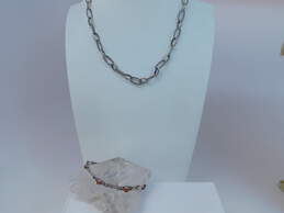 Sterling Silver Oval Cable Link Toggle Necklace & Amber Bracelet 30.8g