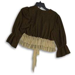 NWT Gimmicks Womens Brown Gold Bell Sleeve Ruffled Tie Waist Blouse Top Size XS alternative image