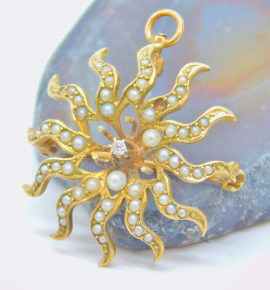 Vintage 14K Yellow Gold 0.02 CT Diamond Seed Pearl Sun Pendant Brooch 4.3g image number 2