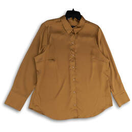 Womens Brown Spread Collar Long Sleeve Classic Button-Up Shirt Size XL