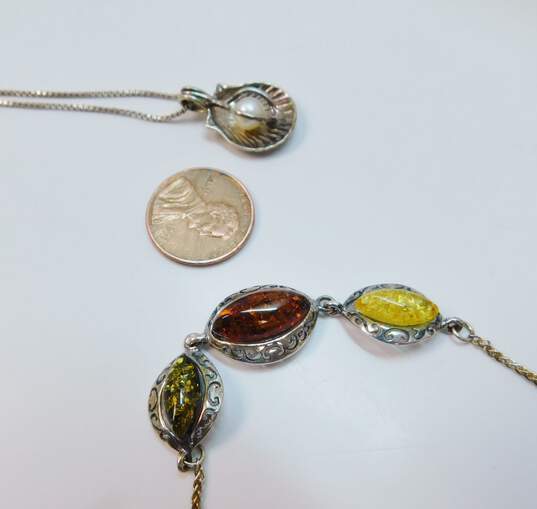 Artisan 925 Pearl Seashell Pendant Necklace & Amber Marquise Cabochons Scrolled Adjustable Bracelet 10.4g image number 4