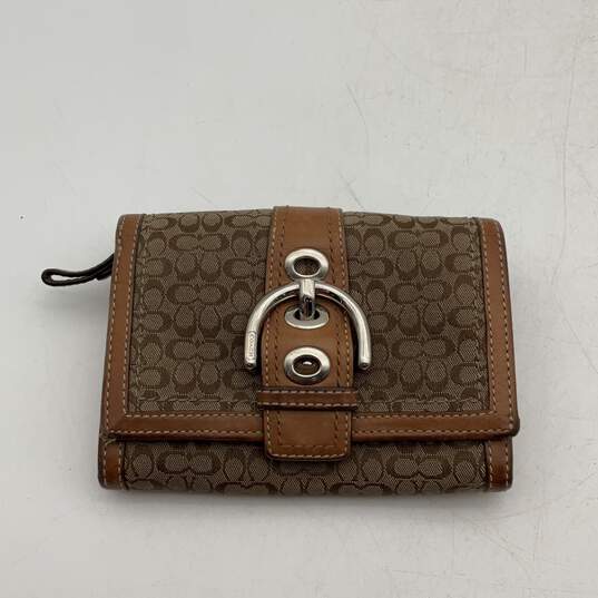 Coach Womens Beige Brown Monogram Inner Zipper Pocket Card Holder Trifold Wallet image number 1