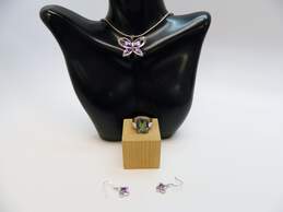 Contemporary 925 Amethyst Butterfly Pendant Necklace Cubic Zirconia Flower Drop Earrings & Mystic CZ Statement Ring 20.8g
