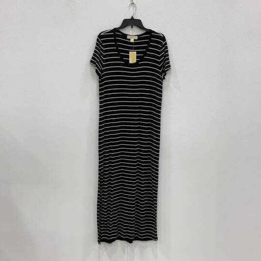Womens Black White Striped Short Sleeve Round Neck T-Shirt Dress Size L image number 1