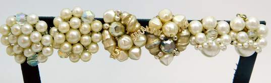 Vintage Japan Goldtone Faux Pearls & Crystals Cluster Clip On Earrings Variety image number 1