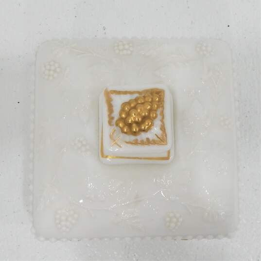 VTG Westmoreland Paneled Gold Grape Beaded Milk Glass Footed Candy Honey Dish image number 7