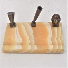 Vintage Marble Desk Top Egyptian Theme Brass Accent Pen Holder