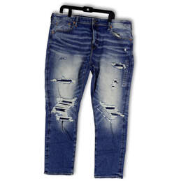 NWT Mens Blue Denim Athletic Fit Distressed Pockets Straight Jeans Sz 40/32