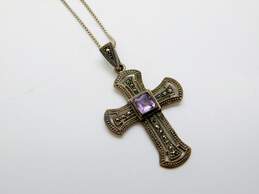Romantic 925 Sterling SIlver Amethyst & Marcasite Crucifix Pendant Necklace & CZ Statement Ring 14.2g alternative image