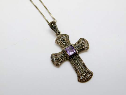 Romantic 925 Sterling SIlver Amethyst & Marcasite Crucifix Pendant Necklace & CZ Statement Ring 14.2g image number 2