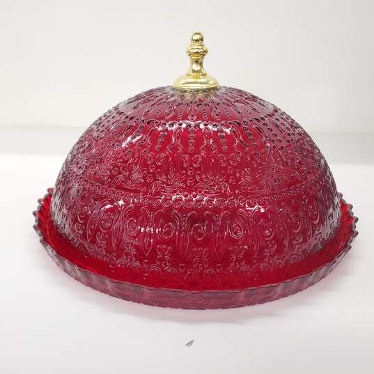 Vintage Large Red Round Glass Serving Platter and Lid image number 1
