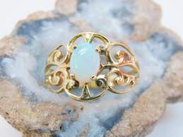 14K Gold Opal Oval Cabochon Open Scrolled Band Ring 3.5g