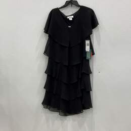 NWT Womens Black Short Flutter Sleeve Tiered Rhinestone A-Line Dress Size 16