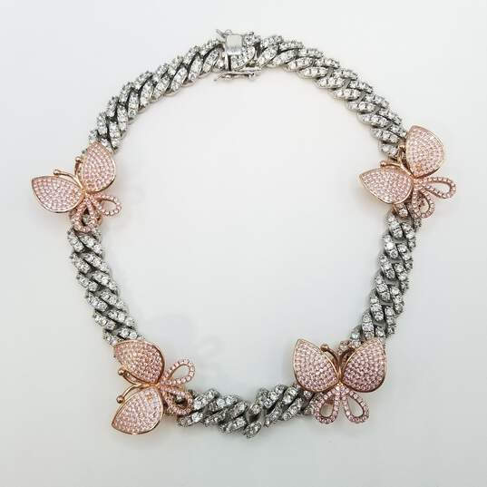 Iced Out Ladies Crystal Set Cuban with Pink Crystal Butterfly Charm Chain Necklace image number 4