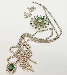Vintage Green & Clear Icy Rhinestone Silver Tone Necklaces Brooch & Earrings 57g alternative image