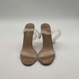 Womens Beige PVC Suede Open Toe Clear Buckle Strappy Heels Size 7.5