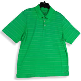 Mens Green White Striped Short Sleeve Collared Golf Polo Shirt Size Large