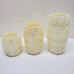 3x Snowflake Winter Themed Electronic Candles 8in. 6in. 4in.