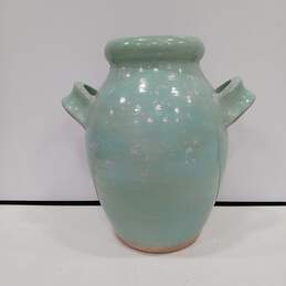 Vintage Large Ceramic 14" Tall Teal Double Handled Vase