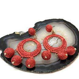 Designer J. Crew Gold-Tone Red Rafiki Raffia Wrapped Drop Earrings