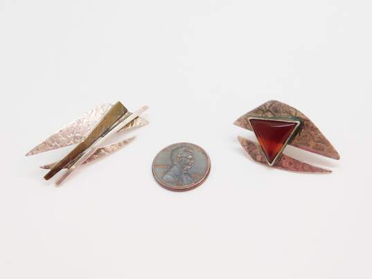 Signed S Sylvia Youell Navajo 925 & Copper Accent Modernist Carnelian Triangle Abstract Texture Stamped Drop Post Earrings 8.2g image number 3